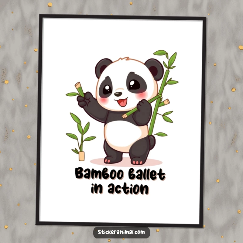 Funny playful panda cub juggling bamboo shoots with glee, presented as a high-resolution digital art print for download.