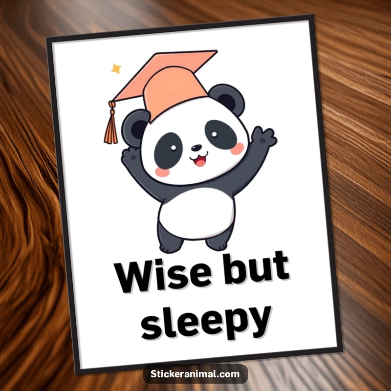 Funny digital art print of a panda in a graduation cap, joyfully tossing it in the air to celebrate academic success and achievements.