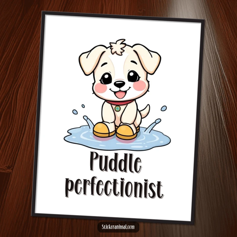 Funny digital art print of a happy puppy in tiny boots, joyfully splashing in puddles, celebrating pure fun and canine delight.