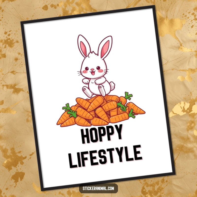 Funny rabbit digital art print of a playful character hopping over a pile of carrots, radiating pure fun and energy.