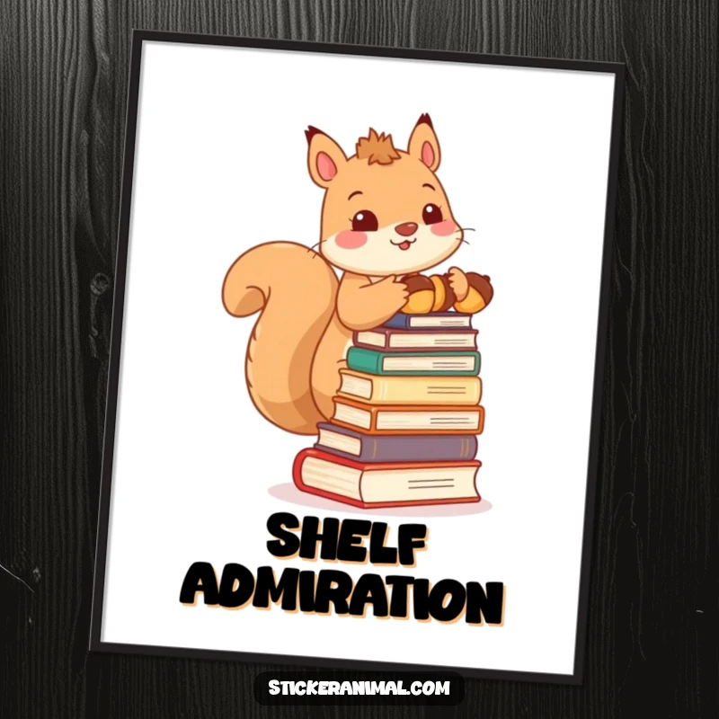 Funny digital art print of a cute squirrel balancing a stack of acorns like books, exuding scholarly charm and woodland whimsy.