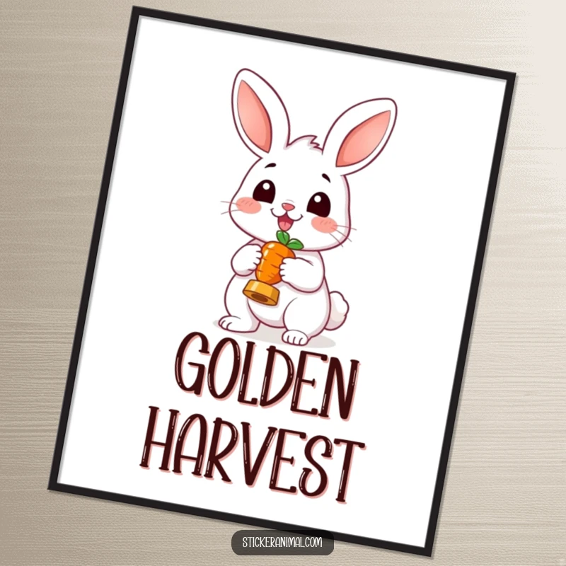 Funny Cheerful Rabbit Digital Art Print: A humorous illustration of a happy rabbit holding a carrot like a trophy, perfect for joyful decor.