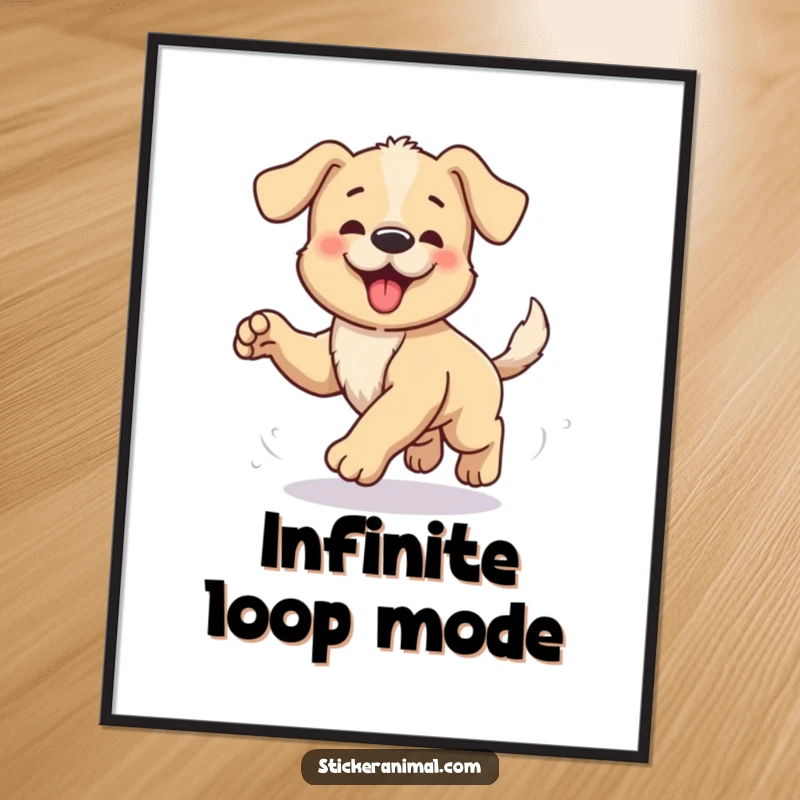 Funny digital art print of a happy puppy energetically chasing its tail in a comical circle, radiating pure, uninhibited puppy joy.