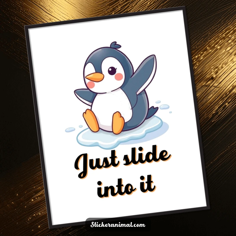 Funny Penguin Slide Digital Art Print of a joyful penguin character sliding on ice with a smile, perfect for cheerful, humorous wall decor.