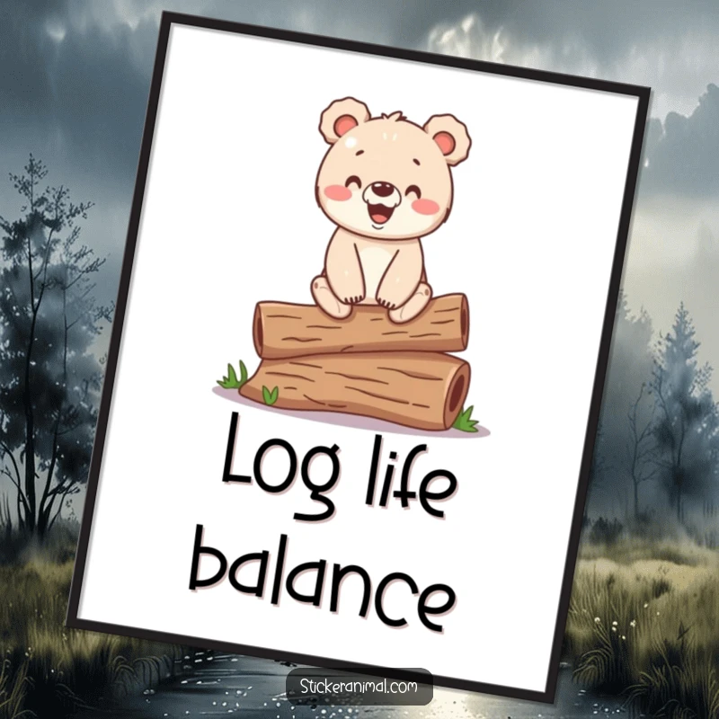Funny digital art print of a happy bear cub balancing on a log, ready for instant humorous display.