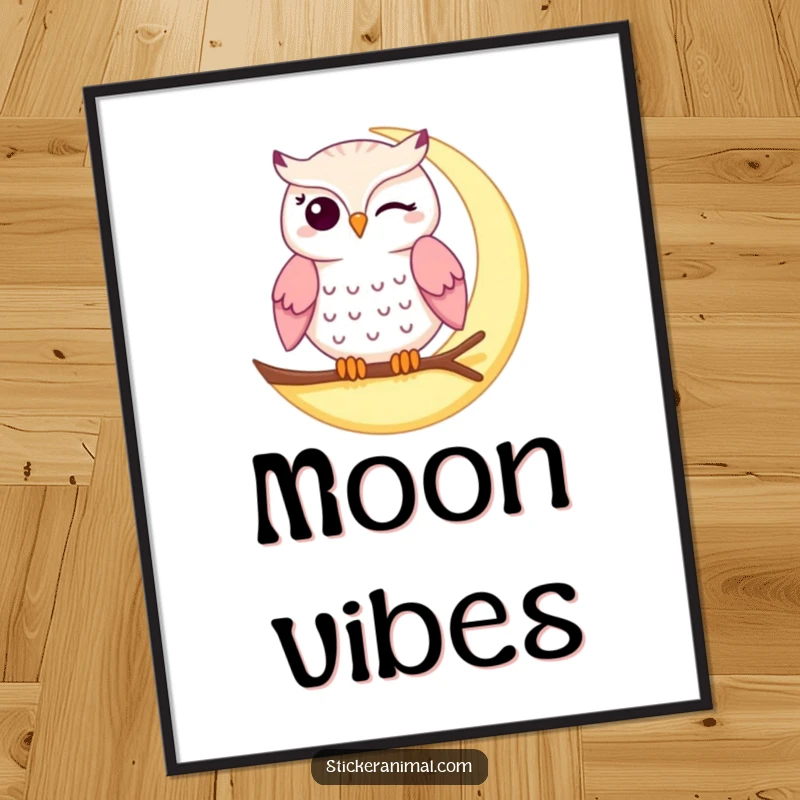 Funny winking owl digital art print showing a playful owl winking on a crescent moon, ideal for instant humorous wall decor.