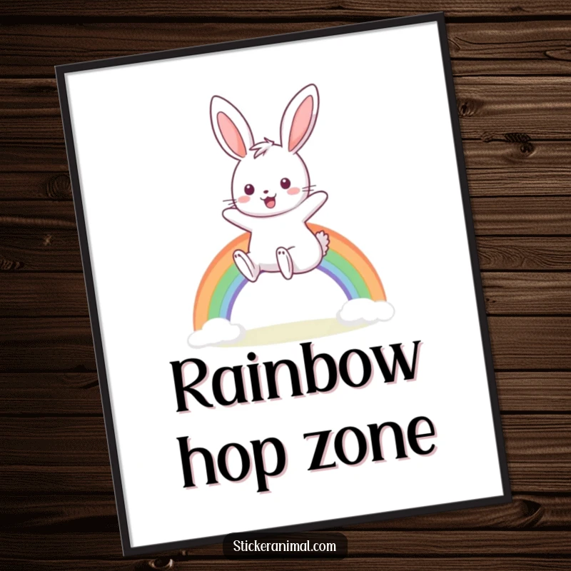 Funny digital art print of a happy bunny hopping over a rainbow, ready for instant whimsical display.