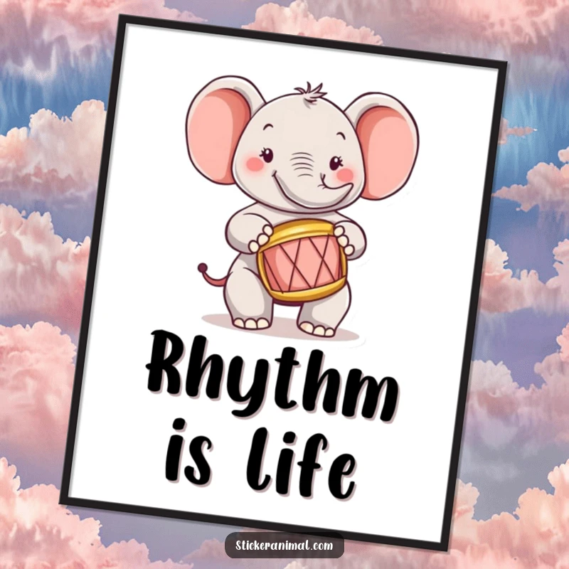 Funny elephant character in a vibrant digital art print, joyfully playing a tiny drum with musical notes.