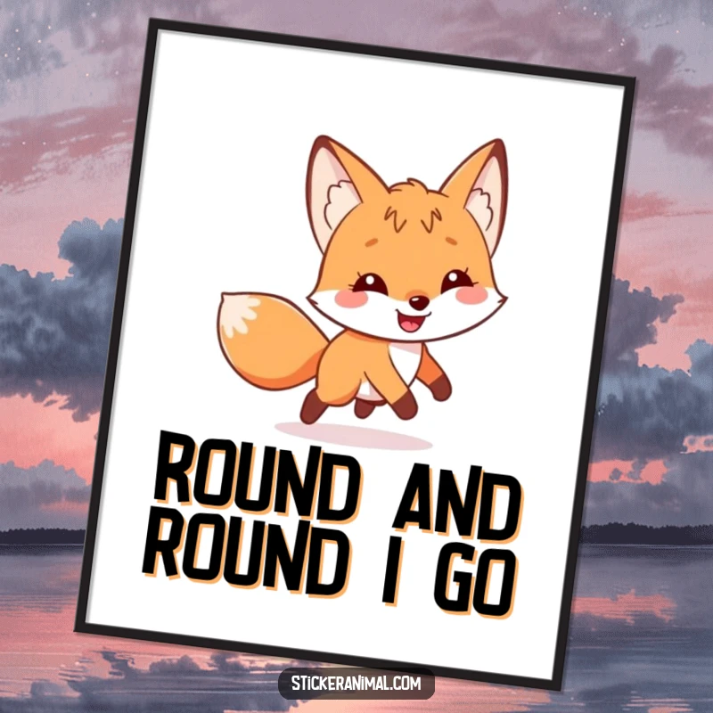 Funny digital art print of a curious fox with a wide grin, playfully chasing its tail, ideal for printable decor.