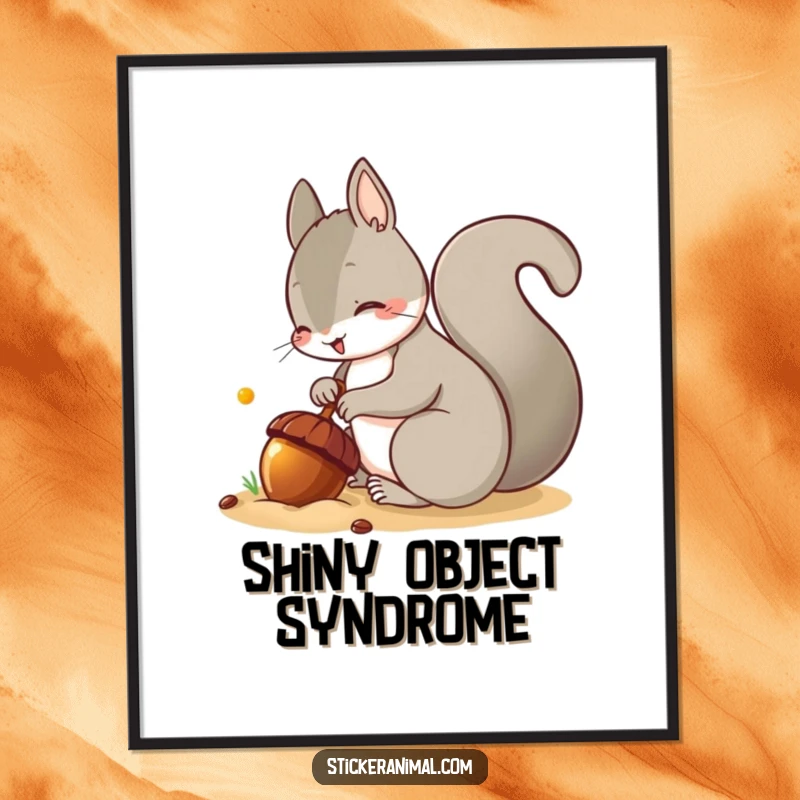 Funny digital art print of a mischievous squirrel burying a shiny acorn, radiating playful secrecy and humor.