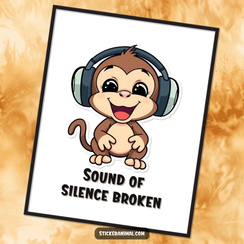 Funny digital art print of a playful monkey character wearing large headphones, bopping its head rhythmically.