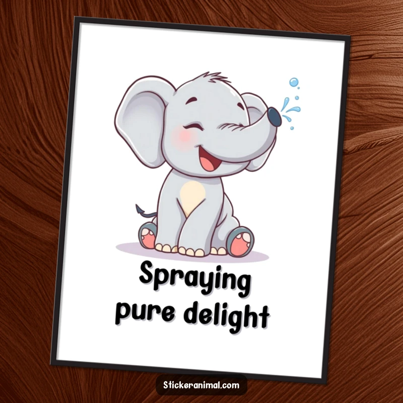 Funny Digital Art Print: A baby elephant calf laughing heartily while spraying water from its trunk, full of playful joy.