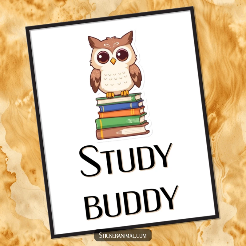 Funny owl digital art print of a curious character perched atop a stack of books, radiating wisdom and intellectual appeal.