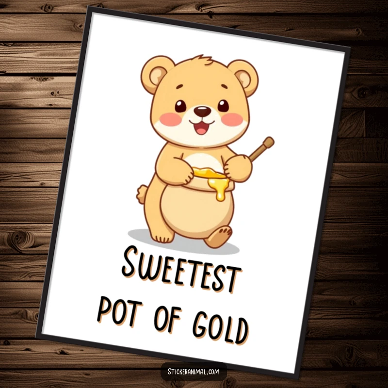 Funny digital art print of a happy bear cub balancing a pot of golden honey, radiating sweetness and humor.