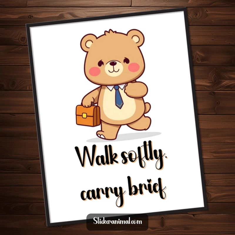 Funny digital art print of a smiling bear holding a briefcase, confidently walking forward, ideal for inspiring decor.