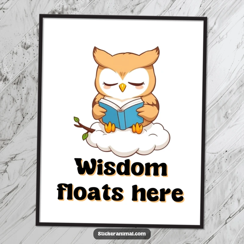 Funny owl book lover digital art print featuring a cute owl character reading a book while perched on a cloud, celebrating knowledge.
