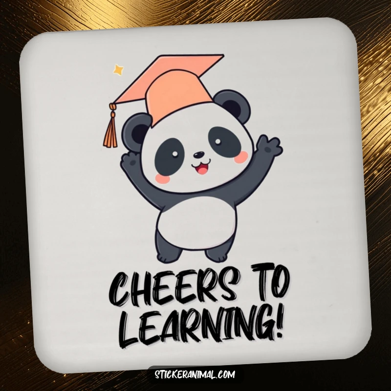 Funny coaster showcasing a panda wearing a graduation cap and tossing it high, celebrating academic achievements with a protective touch.