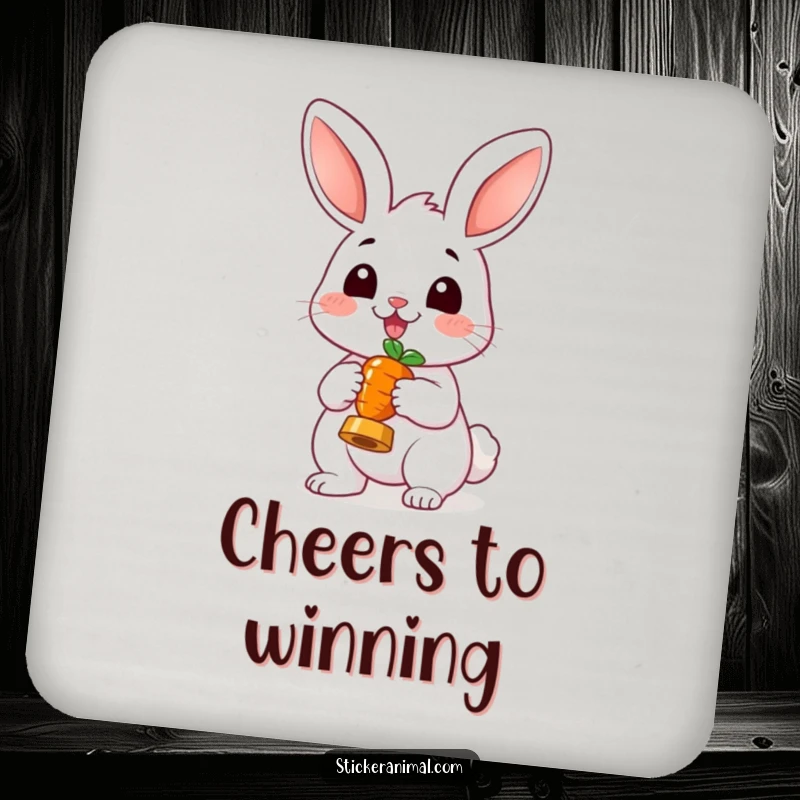 Funny Cheerful Rabbit Drink Coaster: A coaster showing a happy rabbit holding a carrot trophy, adding cheerful protection to furniture.