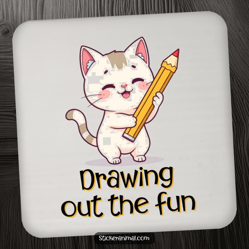 Funny cat artist coaster depicting a playful cat character drawing a star with an oversized pencil, protecting your surfaces.