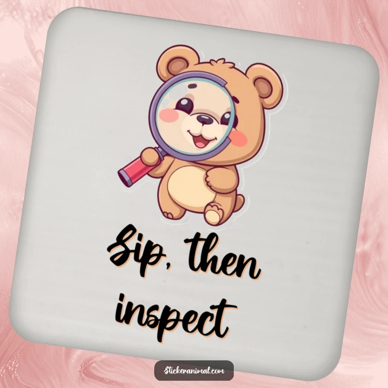 Funny Bear Coaster: A bear holding a magnifying glass, offering humorous surface protection.