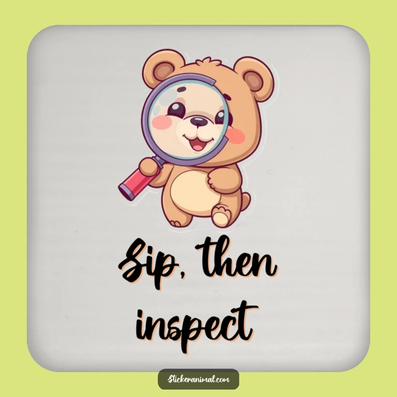 Funny Bear Coaster: Curious Explorer Magnifying Glass, Protects Surfaces Hilariously!