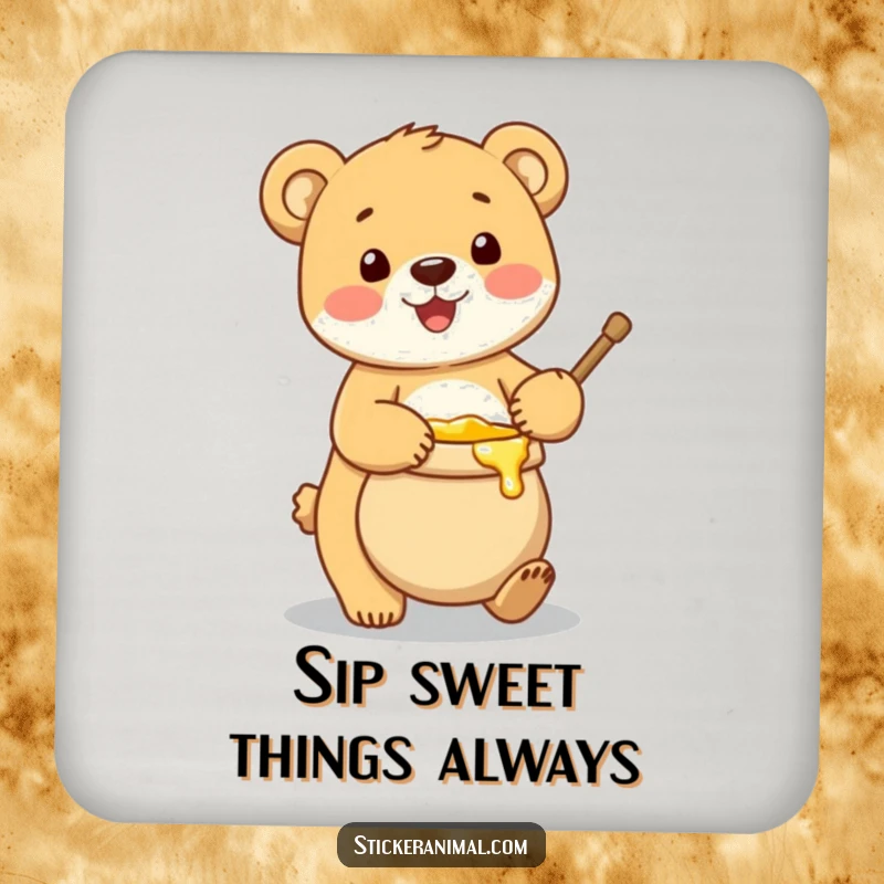 Funny drink coaster depicting a happy bear cub balancing a pot of honey, adding a sweet and humorous touch to any table.