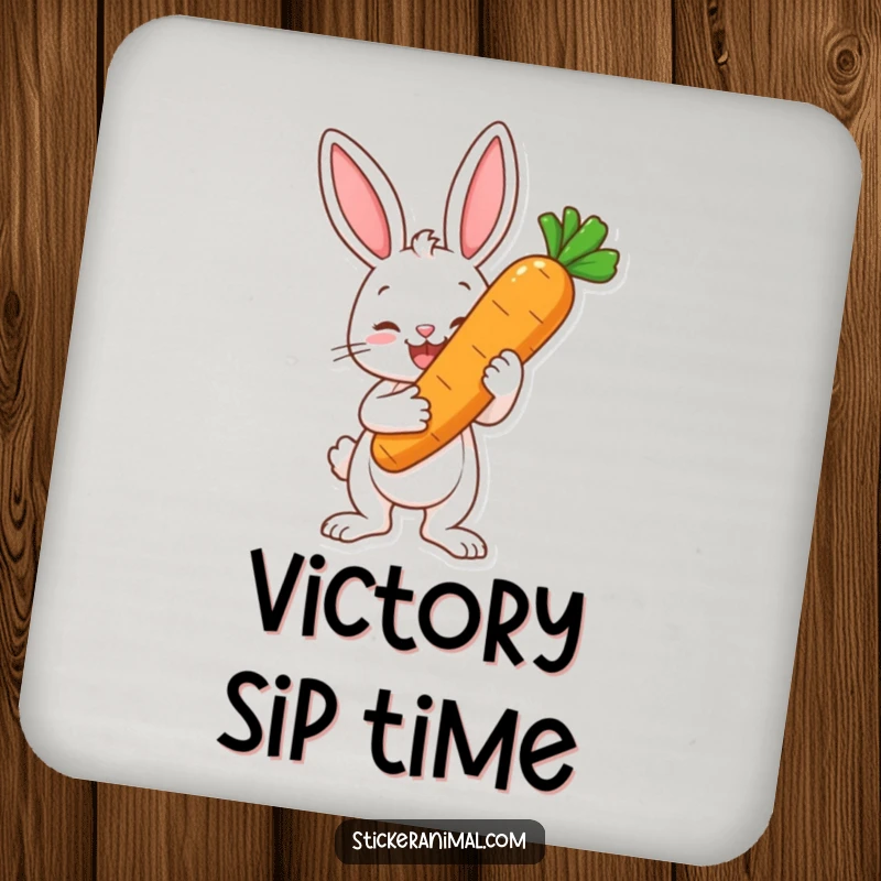 Funny drink coasters featuring a happy bunny character proudly holding a large carrot like a trophy, adding humor to any beverage setting.