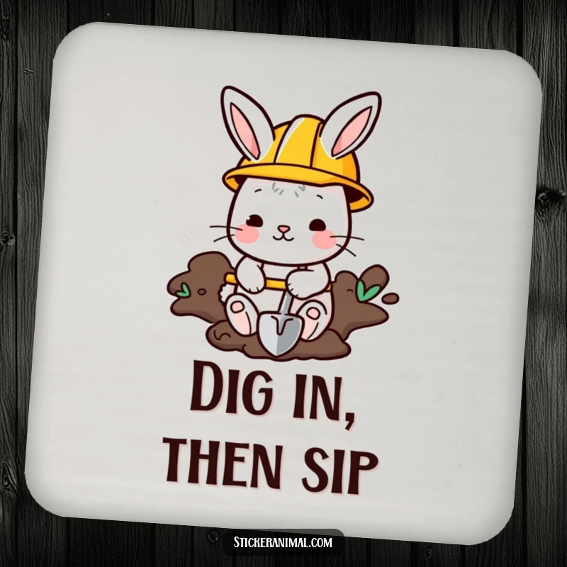 Funny Bunny Coaster: A bunny wearing a hard hat digs with a shovel, offering hilarious surface protection.