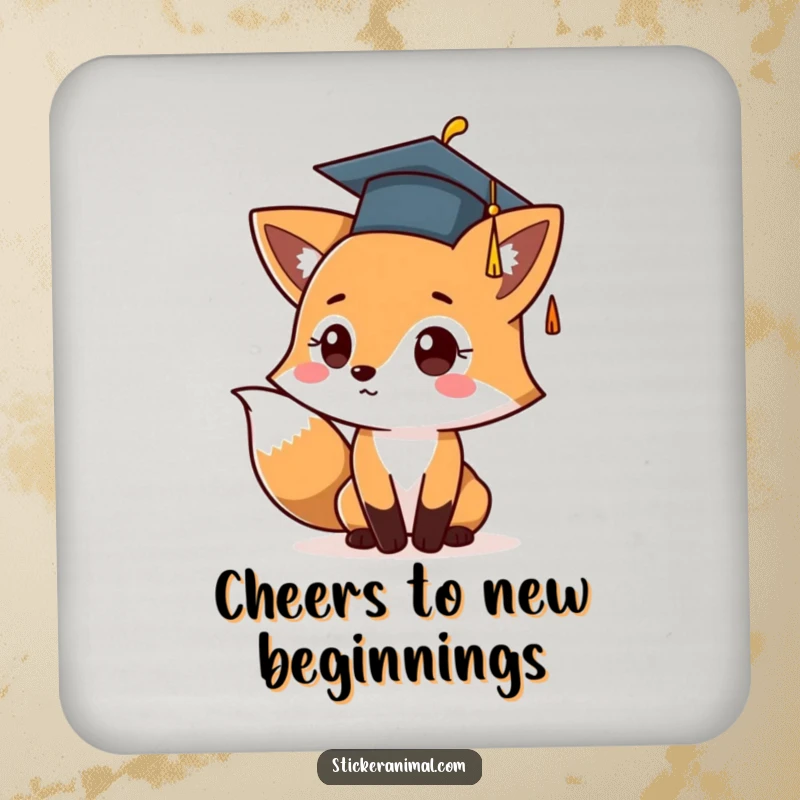 Funny drink coasters featuring a cute fox character in a graduation cap, joyfully tossing it up for a celebratory touch.