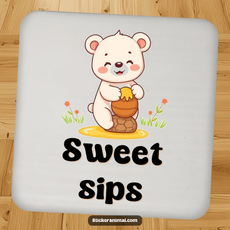 Funny drink coasters featuring a happy bear cub balancing a pot of honey, adding sweet humor to your table.