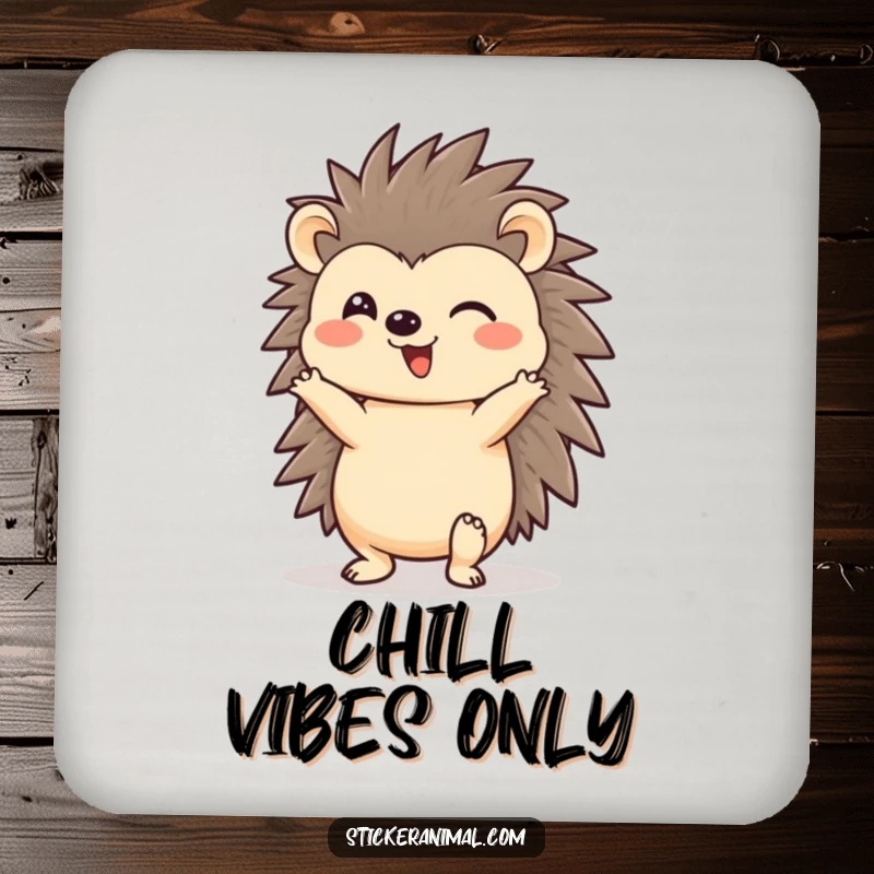 Funny hedgehog character in a headstand on a drink coaster, protecting surfaces with cheerful humor, ideal for a funny gift.