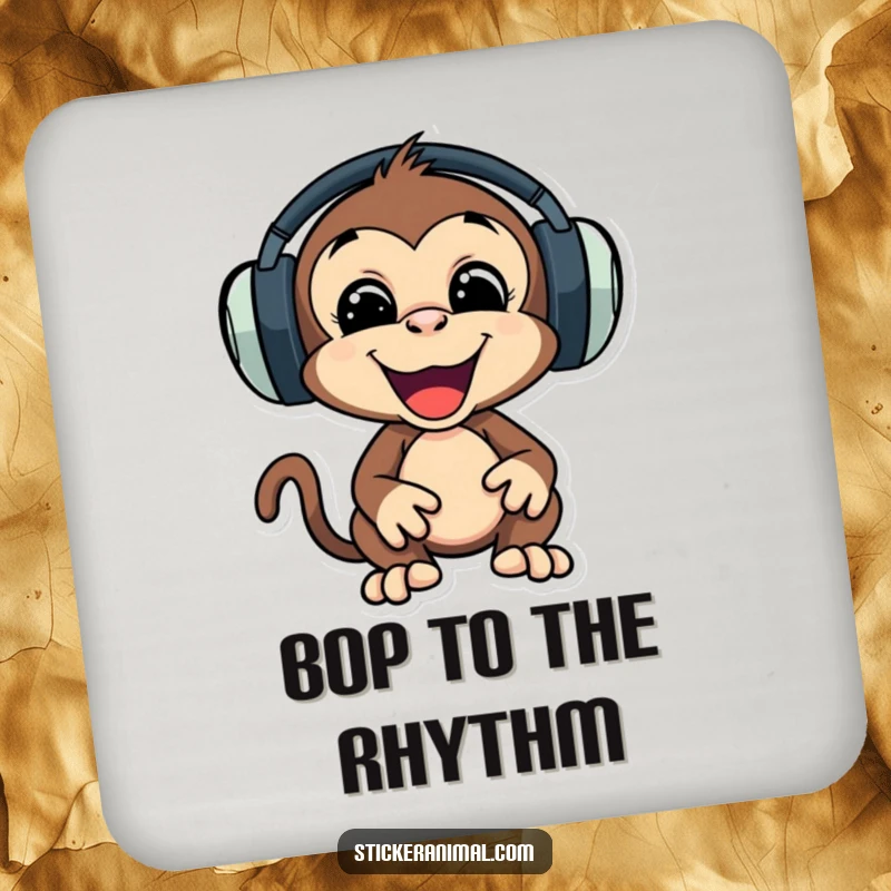 Funny drink coaster with a playful monkey character wearing oversized headphones, bopping its head to music.