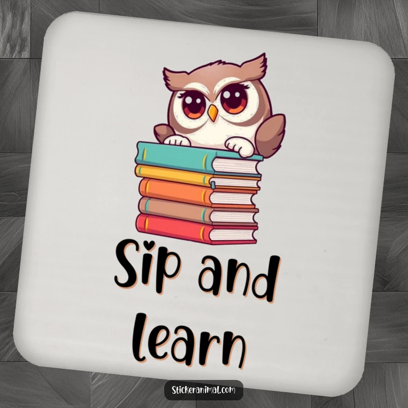 Funny coaster features a curious owl peeking from behind books, adding witty decor.