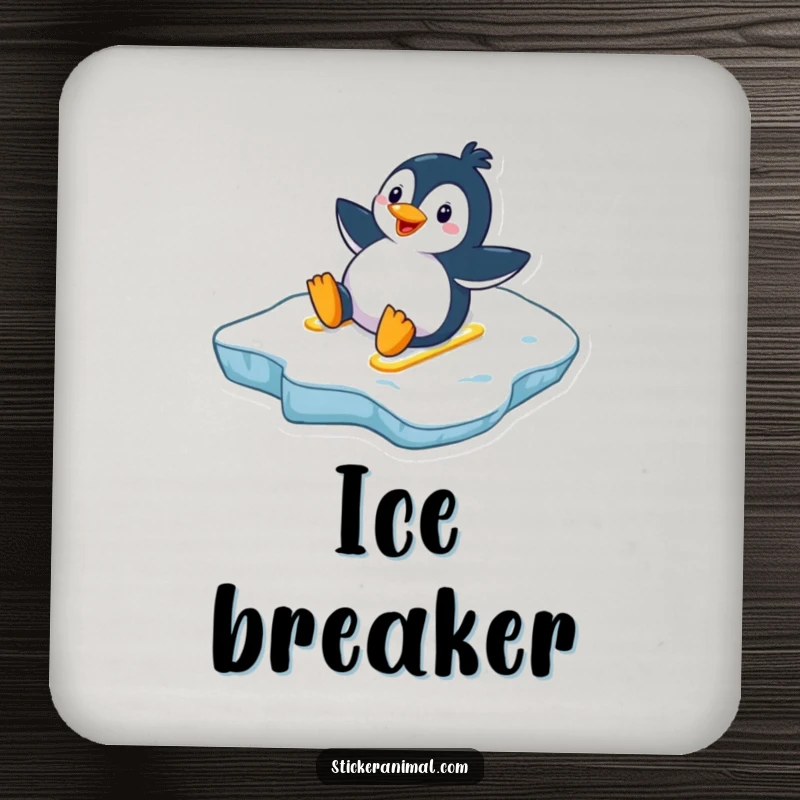 Funny penguin drink coaster showing a happy penguin sliding down an icy slope, bringing arctic fun and humor to tabletops.
