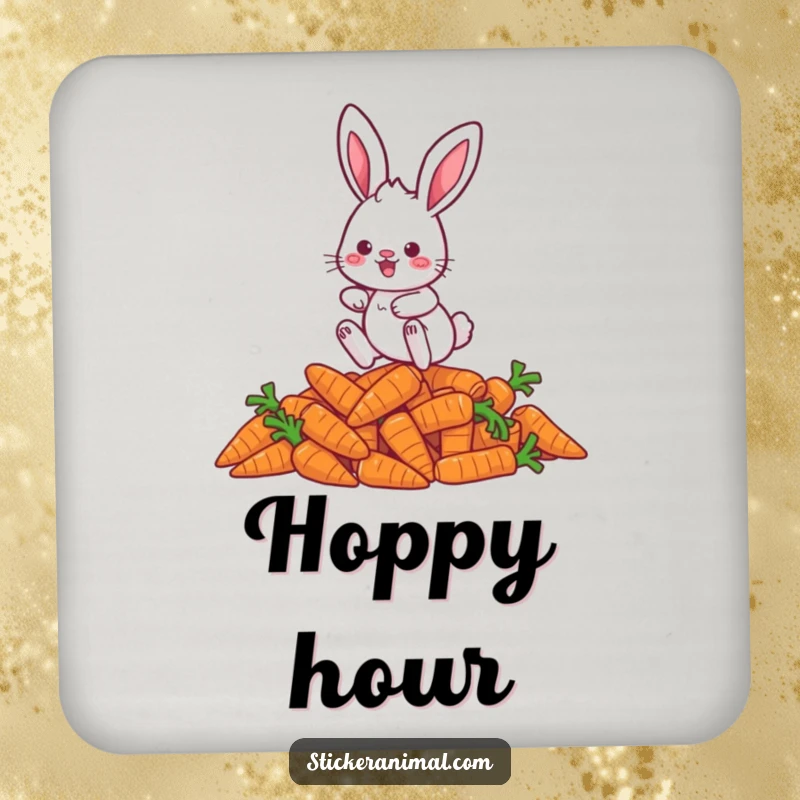 Funny rabbit coaster depicting a playful character hopping over carrots, adding a touch of whimsical fun to any surface.