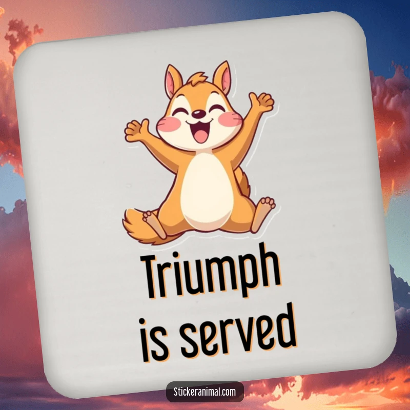 Funny drink coasters featuring a joyful squirrel character in mid-leap, adding a humorous and protective touch to any table setting.