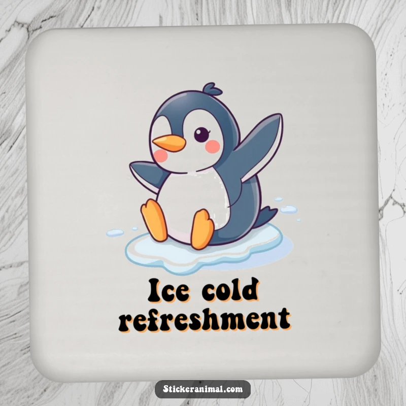 Funny Penguin Slide Coaster featuring a joyful penguin character sliding on ice with a smile, ideal for humorous surface protection.