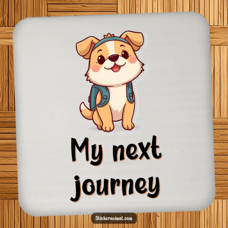 Funny dog with a tiny backpack on a drink coaster, ready for adventure. Protects surfaces with humor.