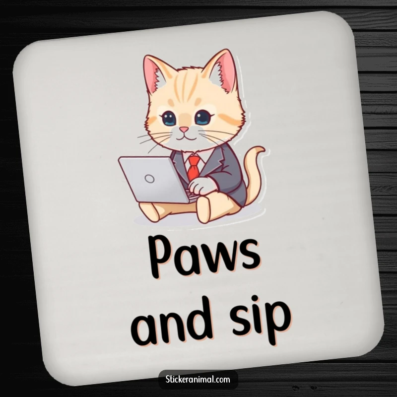 Funny coaster featuring a cute cat in a business suit, typing on a laptop, ideal for protecting tables with office flair.