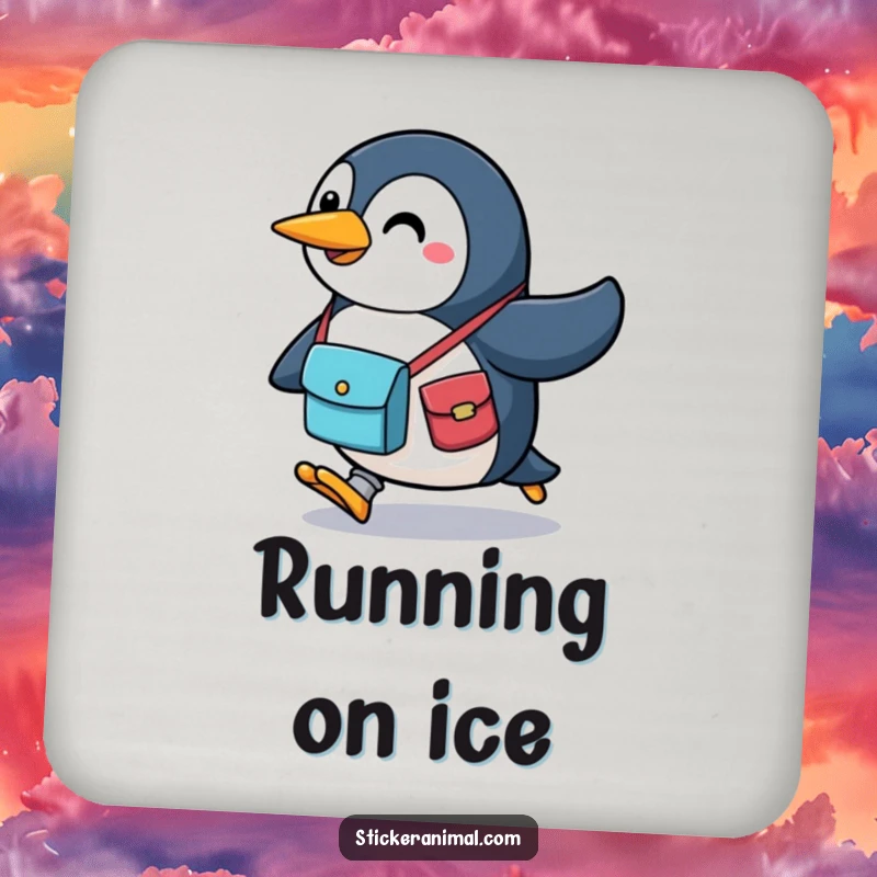 Funny penguin drink coaster with a cheerful character wearing a messenger bag, depicted running, ideal for protecting surfaces with style.