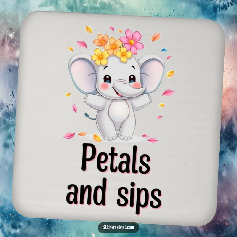 Funny elephant drink coasters featuring a smiling character juggling flower petals, protecting surfaces with whimsical charm and vibrant color.