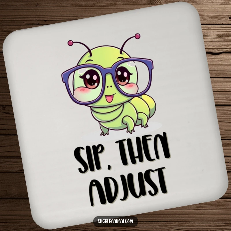 Funny coaster features a wriggling caterpillar character hilariously wearing oversized glasses, adding decor.