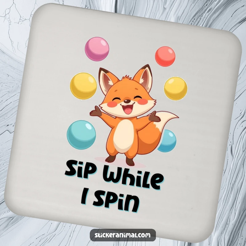 Funny coaster featuring a grinning fox masterfully juggling oversized colorful balls, adding a playful touch and surface protection.