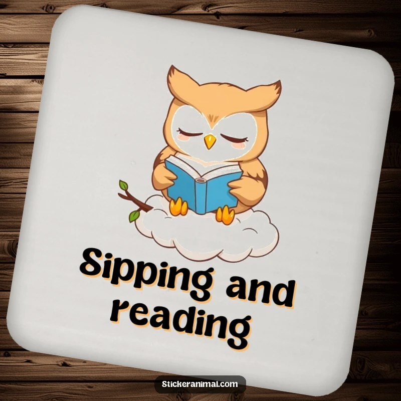 Funny owl book lover coaster depicting a cute owl character reading a book on a cloud, protecting your surfaces.