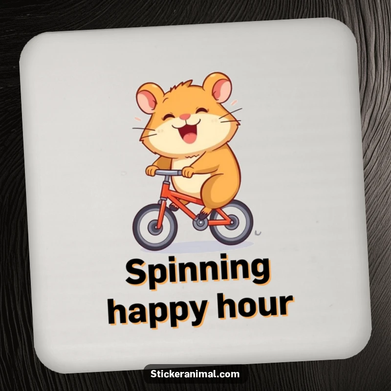 Funny coaster features a grinning hamster character spinning rapidly on a tiny bicycle, adding decor.