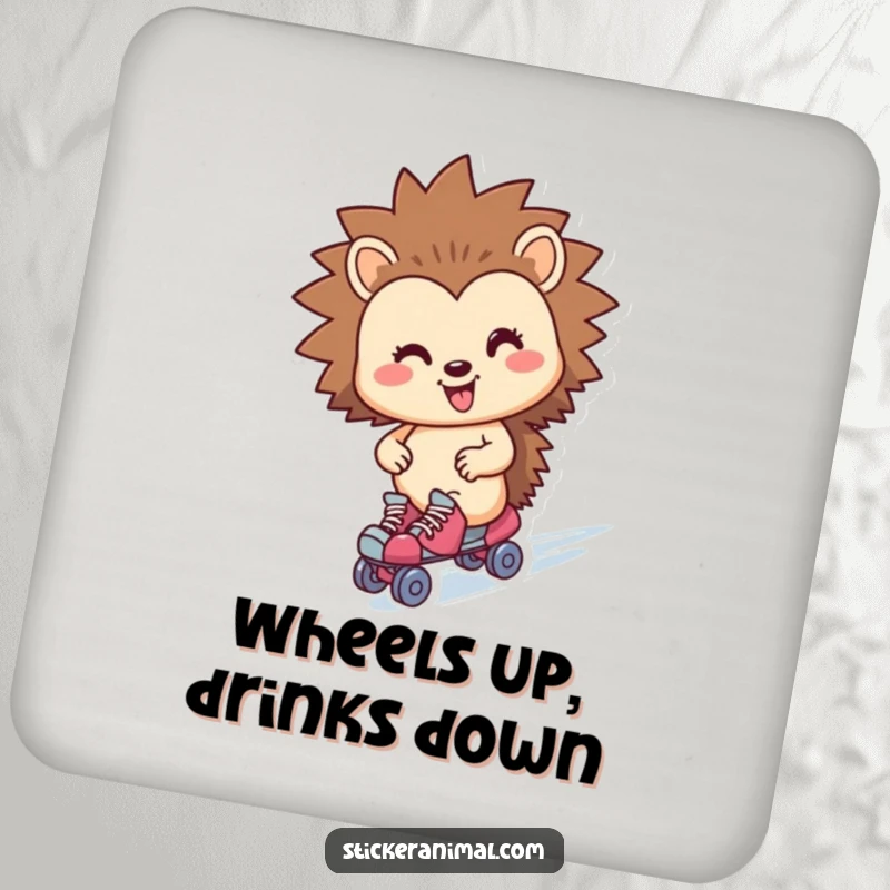 Funny hedgehog character on a drink coaster, wearing roller skates and zipping by to protect surfaces.