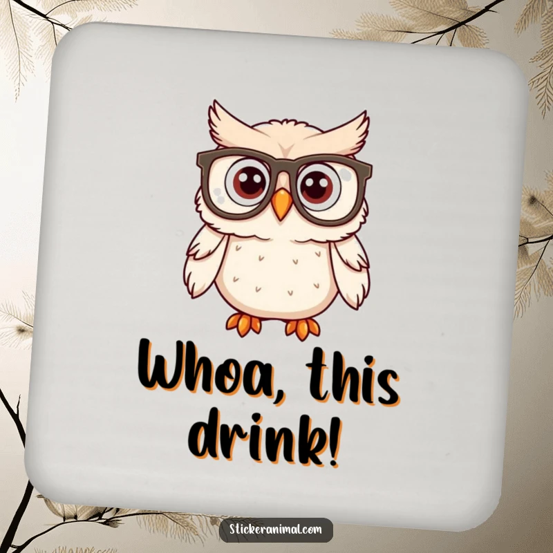 Funny owl character wearing large spectacles and looking surprised on a protective drink coaster, adding a touch of wisdom.