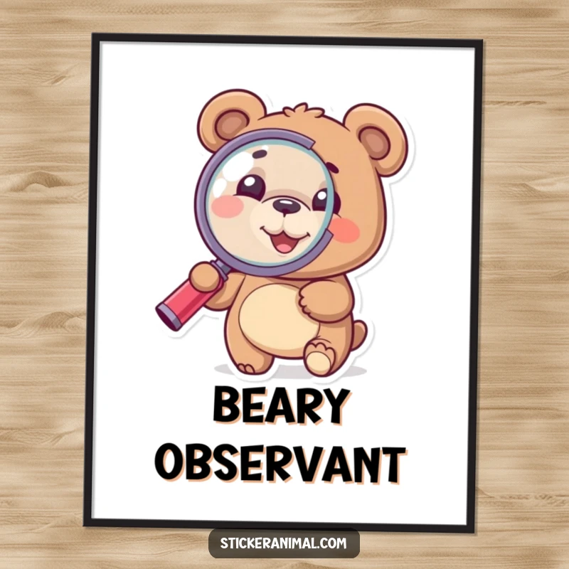 Funny Bear Poster: A happy bear uses a magnifying glass to examine something closely, creating humorous and intriguing wall art.