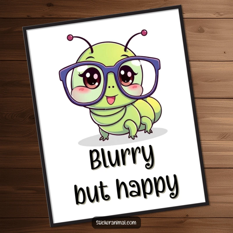 Funny poster art features a wriggling caterpillar character hilariously trying on oversized glasses, a visual gag.
