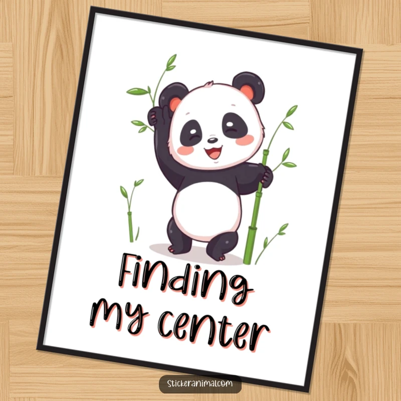 Funny panda handstand poster featuring a joyful panda character in a funny, wobbly handstand pose with bamboo stalks around it.